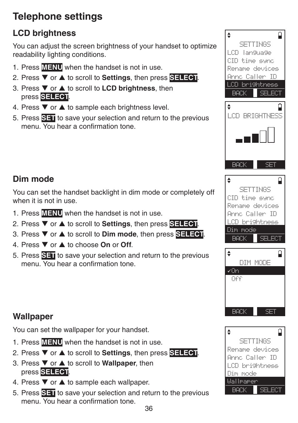 Lcd brightness, Dim mode, Wallpaper | Dim mode wallpaper, Telephone settings | VTech IS7121_-2-22 Manual User Manual | Page 41 / 118