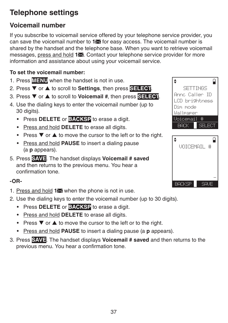 Voicemail number, Telephone settings | VTech IS7121_-2-22 Manual User Manual | Page 42 / 118