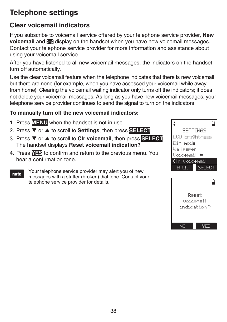 Clear voicemail indicators, Telephone settings | VTech IS7121_-2-22 Manual User Manual | Page 43 / 118