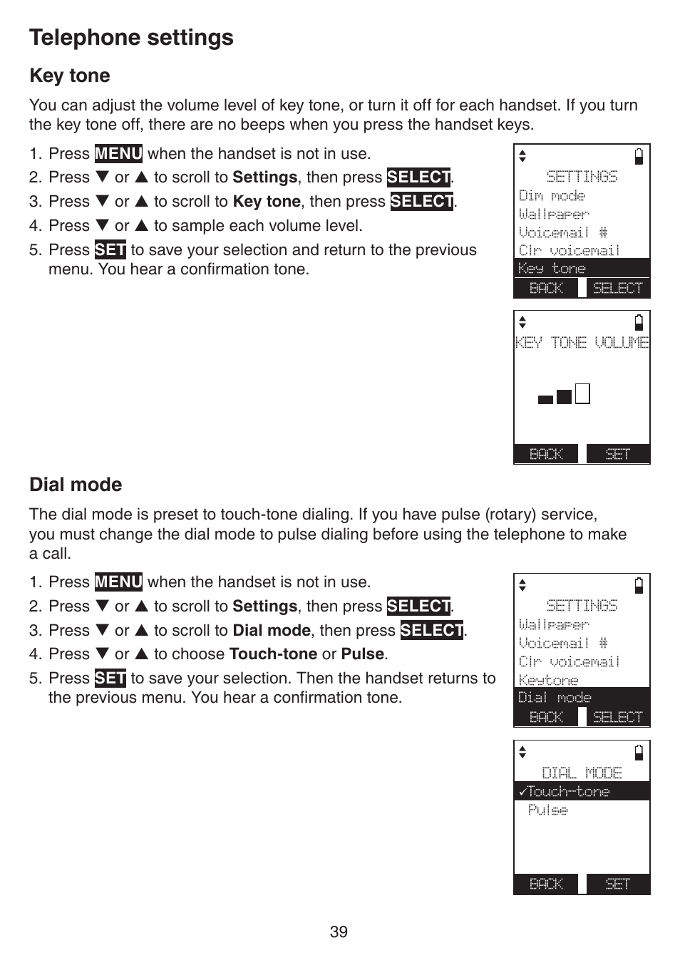 Key tone, Dial mode, Key tone dial mode | Telephone settings | VTech IS7121_-2-22 Manual User Manual | Page 44 / 118