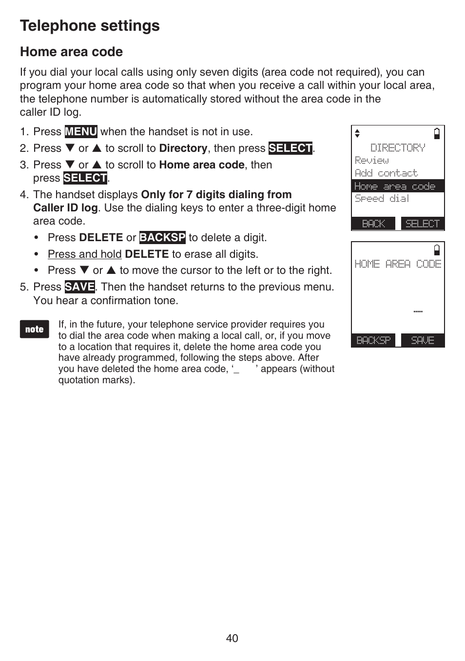 Home area code, Telephone settings | VTech IS7121_-2-22 Manual User Manual | Page 45 / 118