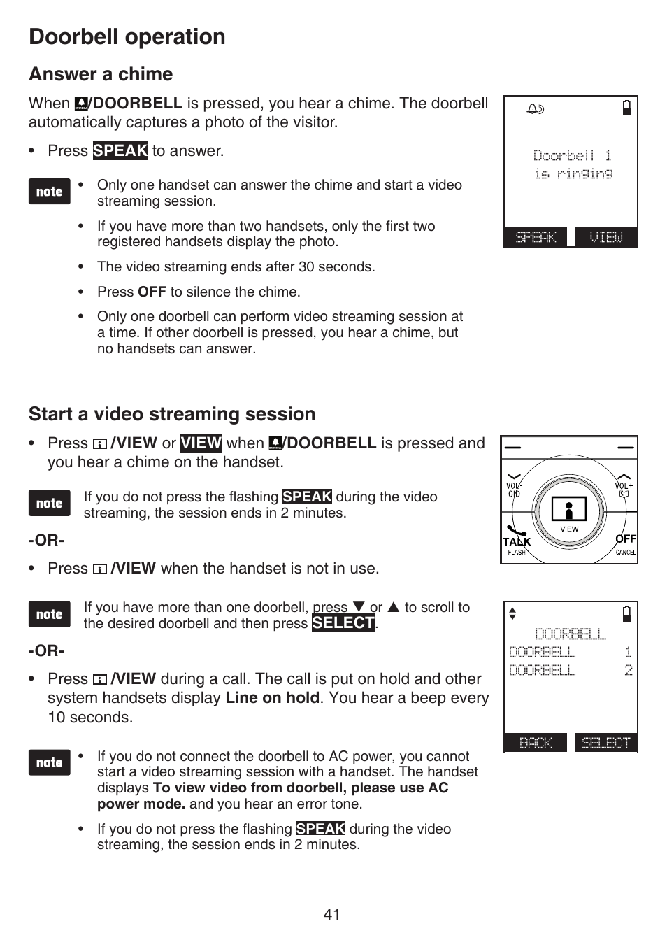 Doorbell operation, Answer a chime, Start a video streaming session | Answer a chime start a video streaming session | VTech IS7121_-2-22 Manual User Manual | Page 46 / 118