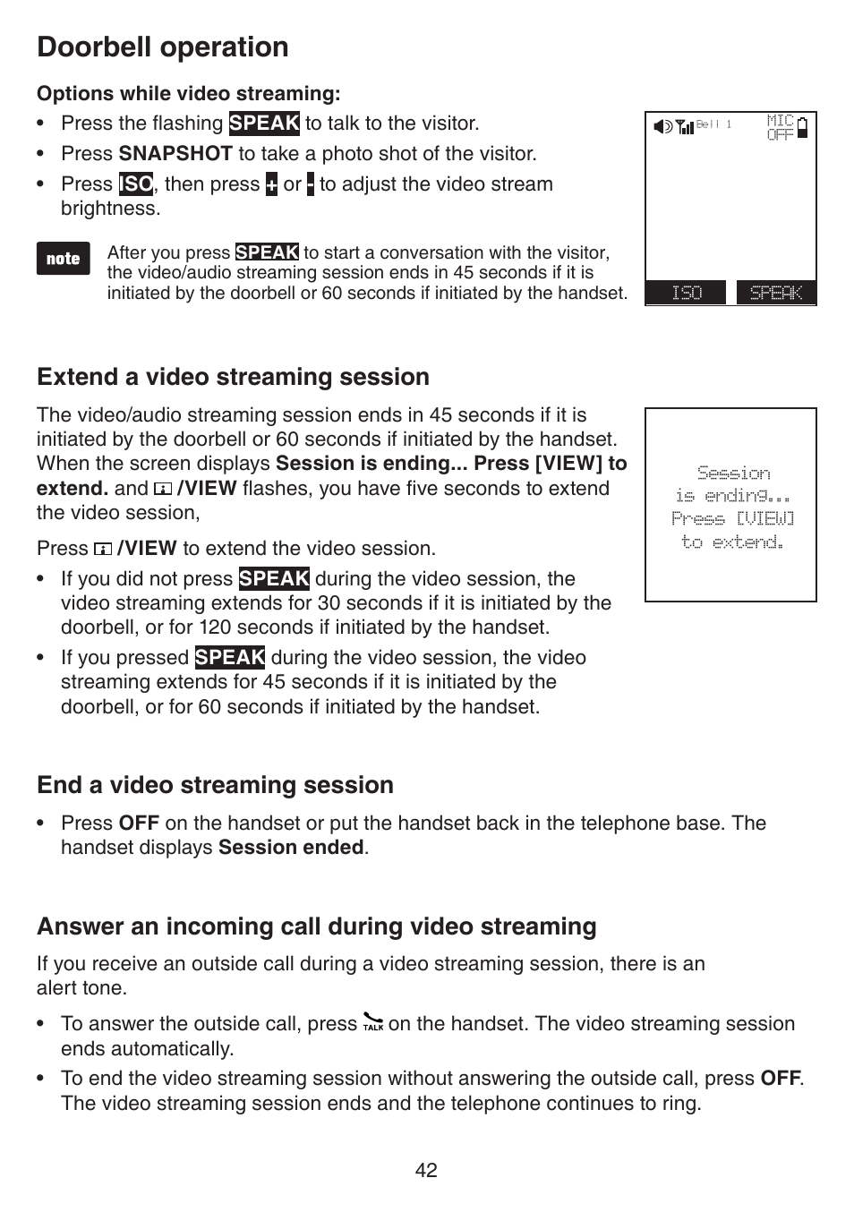 Extend a video streaming session, End a video streaming session, Answer an incoming call during video streaming | Video streaming, Doorbell operation | VTech IS7121_-2-22 Manual User Manual | Page 47 / 118