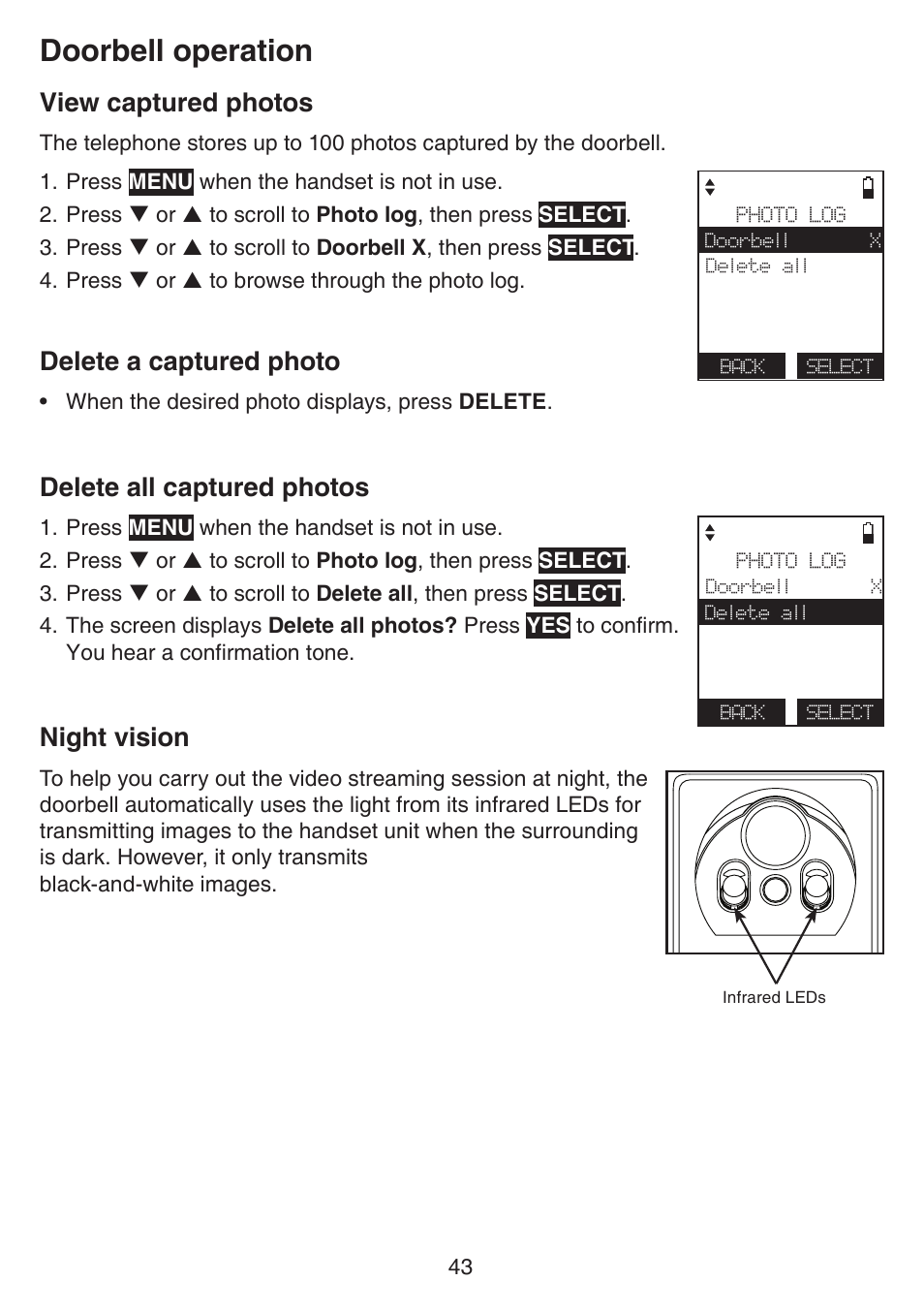 View captured photos, Delete a captured photo, Delete all captured photos | Night vision, Doorbell operation | VTech IS7121_-2-22 Manual User Manual | Page 48 / 118