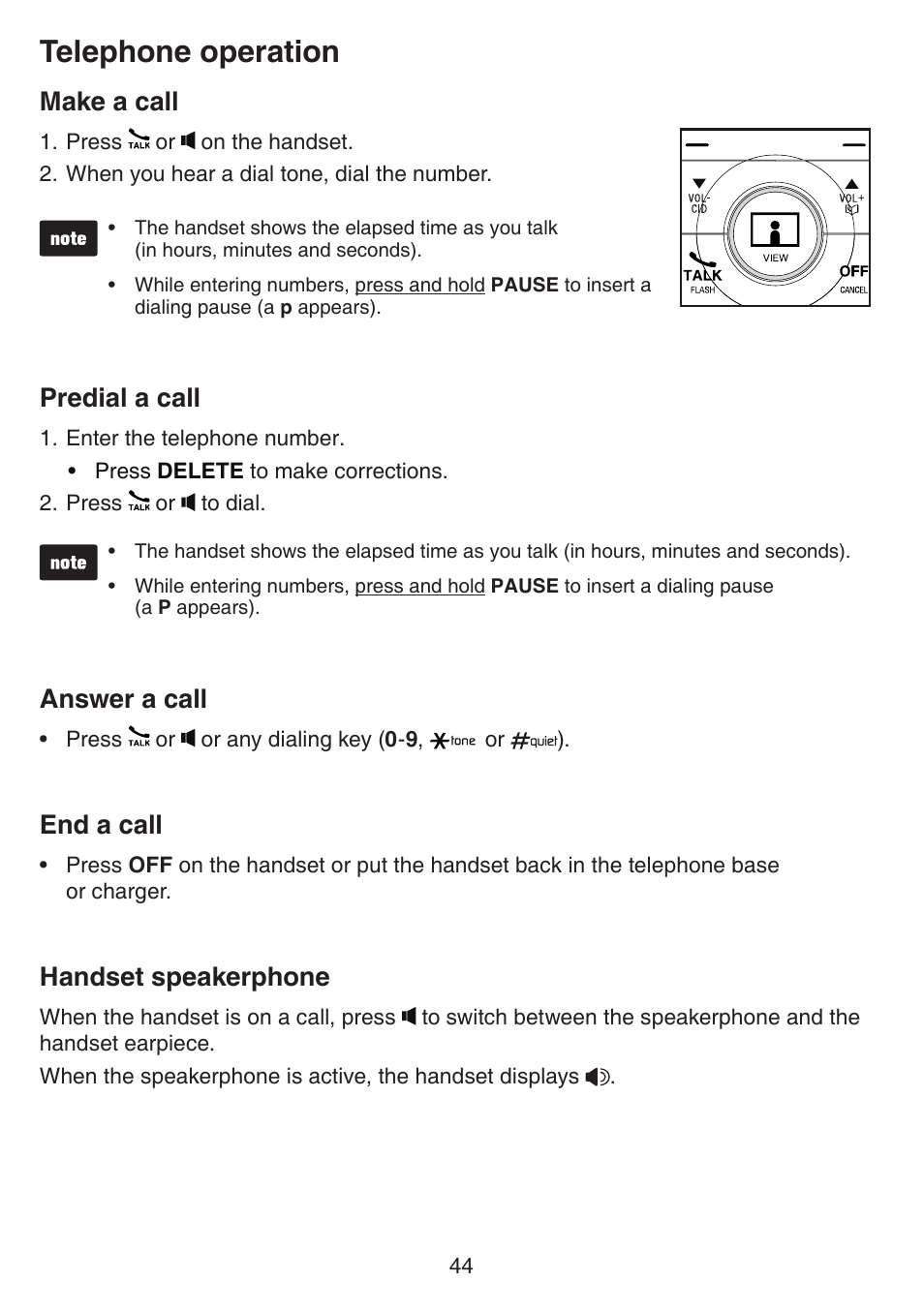 Handset volume control, Ringer volume control, Last number redial | Making and answering a call, Telephone operation, Make a call, Predial a call, Answer a call, End a call, Handset speakerphone | VTech IS7121_-2-22 Manual User Manual | Page 49 / 118