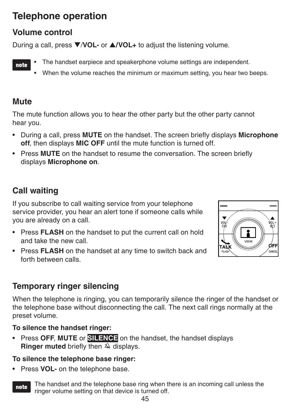 Temporary tone dialing, Mute, Flash | Volume control, Call waiting, Temporary ringer silencing, Telephone operation | VTech IS7121_-2-22 Manual User Manual | Page 50 / 118