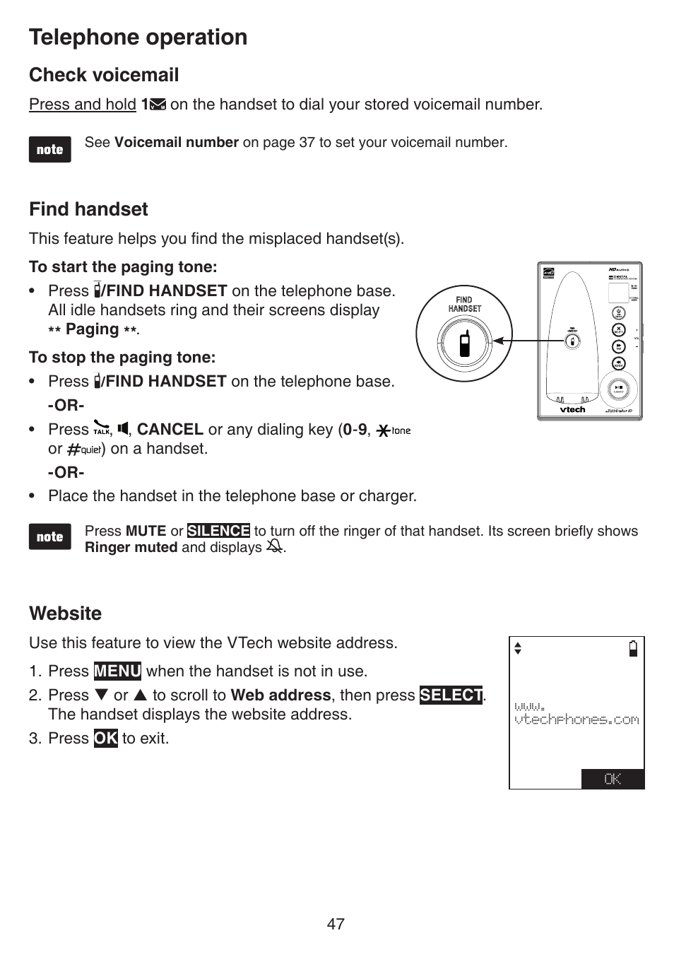 Check voicemail, Find handset, Website | Check voicemail find handset website, Telephone operation | VTech IS7121_-2-22 Manual User Manual | Page 52 / 118