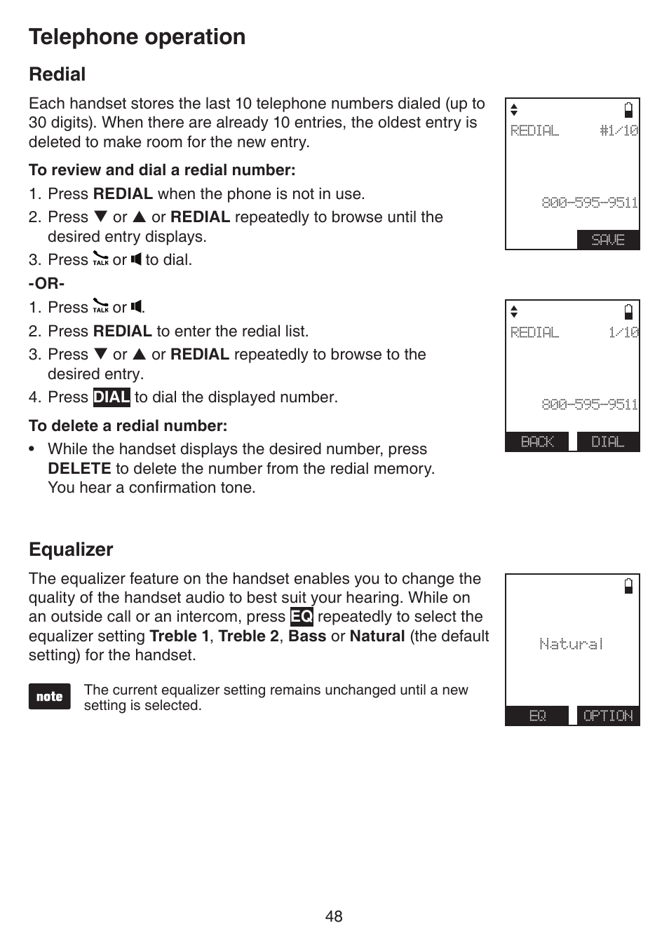 Redial, Equalizer, Redial equalizer | Telephone operation | VTech IS7121_-2-22 Manual User Manual | Page 53 / 118