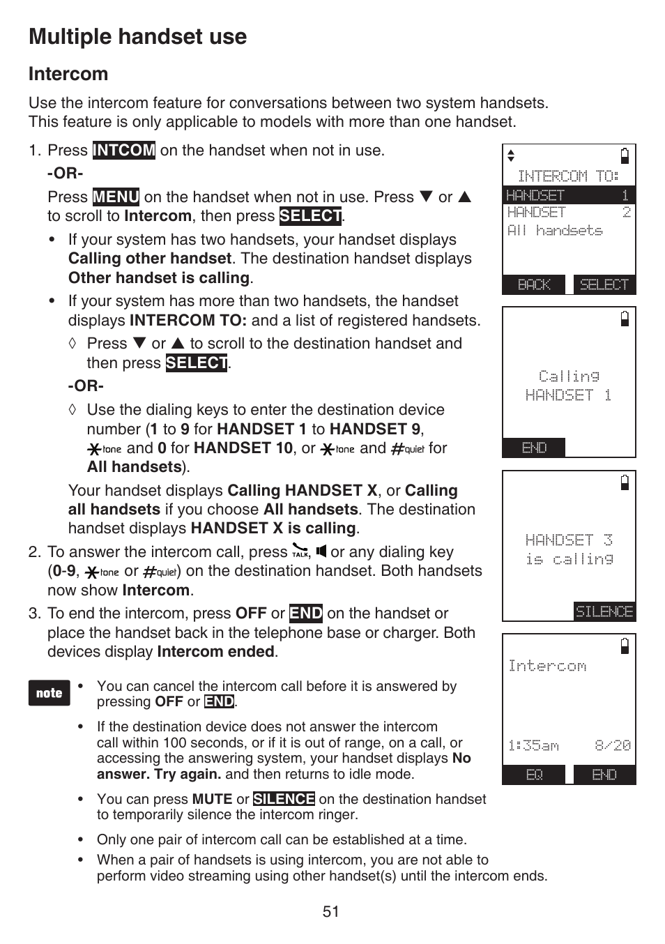 Caller id information, Intercom, Multiple handset use | VTech IS7121_-2-22 Manual User Manual | Page 56 / 118