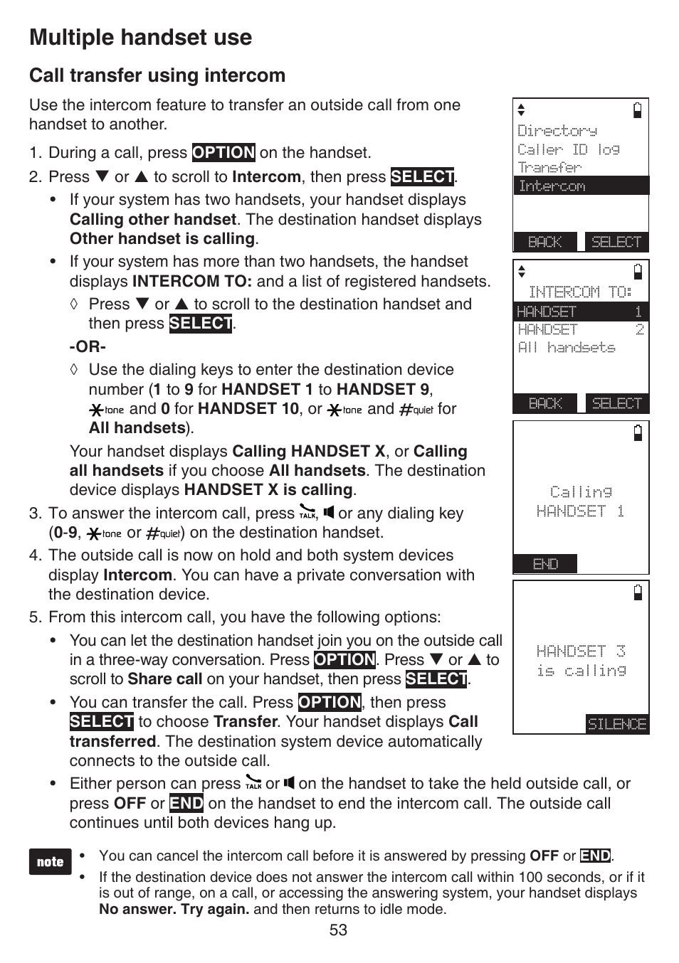 Call transfer using intercom, Multiple handset use | VTech IS7121_-2-22 Manual User Manual | Page 58 / 118