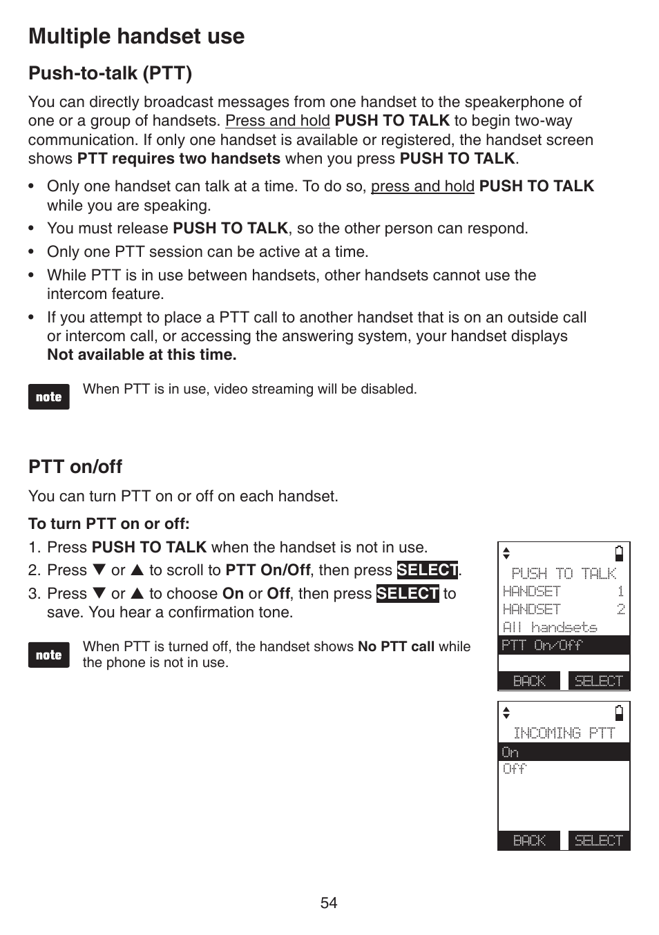 Push-to-talk (ptt), Ptt on/off, Push-to-talk (ptt) ptt on/off | Multiple handset use | VTech IS7121_-2-22 Manual User Manual | Page 59 / 118