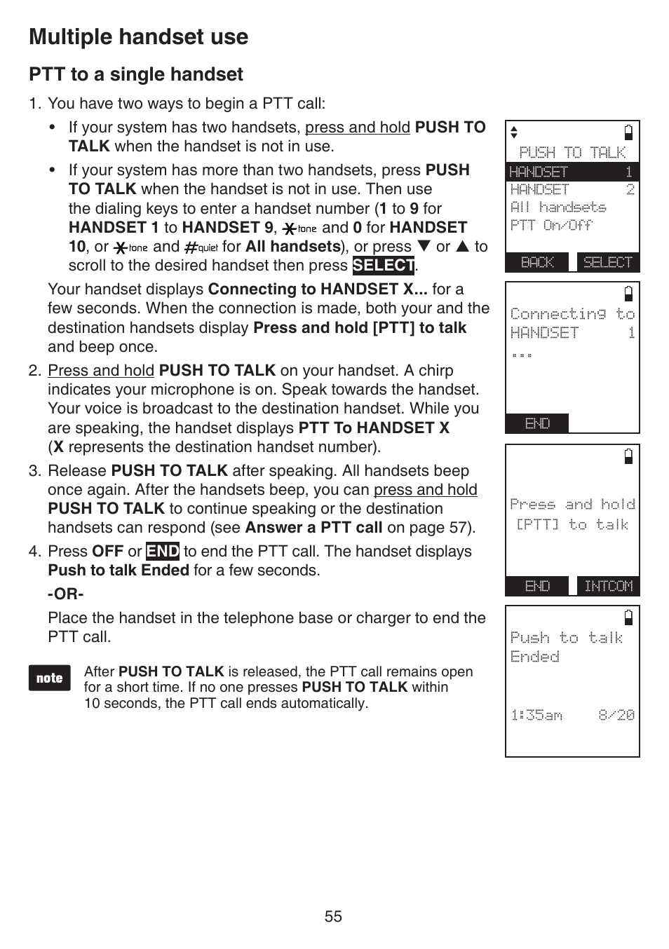 Ptt to a single handset, Multiple handset use | VTech IS7121_-2-22 Manual User Manual | Page 60 / 118