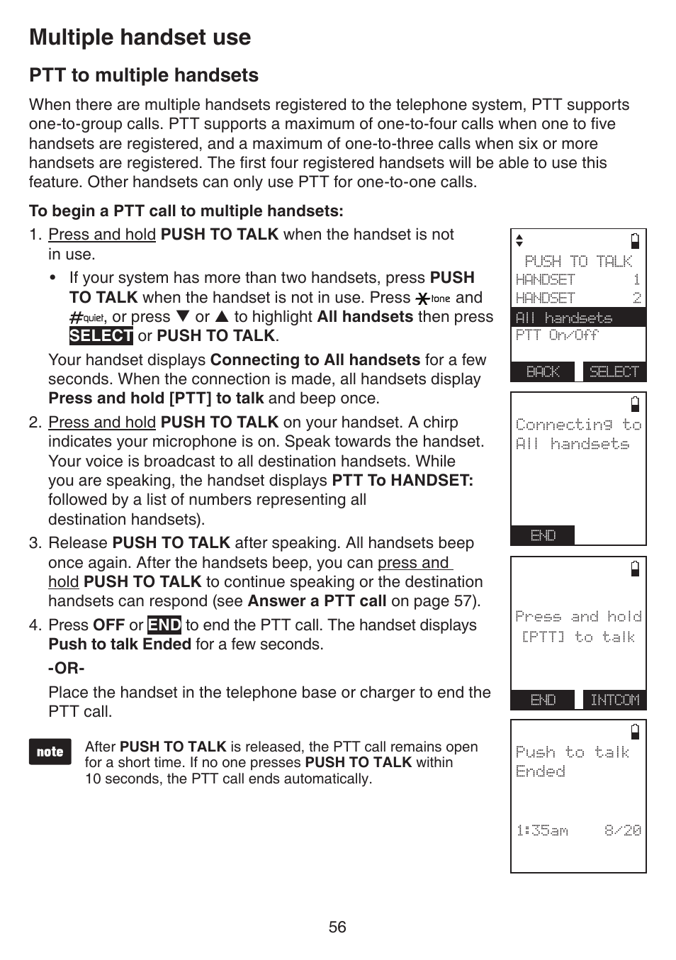 Ptt to multiple handsets, Multiple handset use | VTech IS7121_-2-22 Manual User Manual | Page 61 / 118