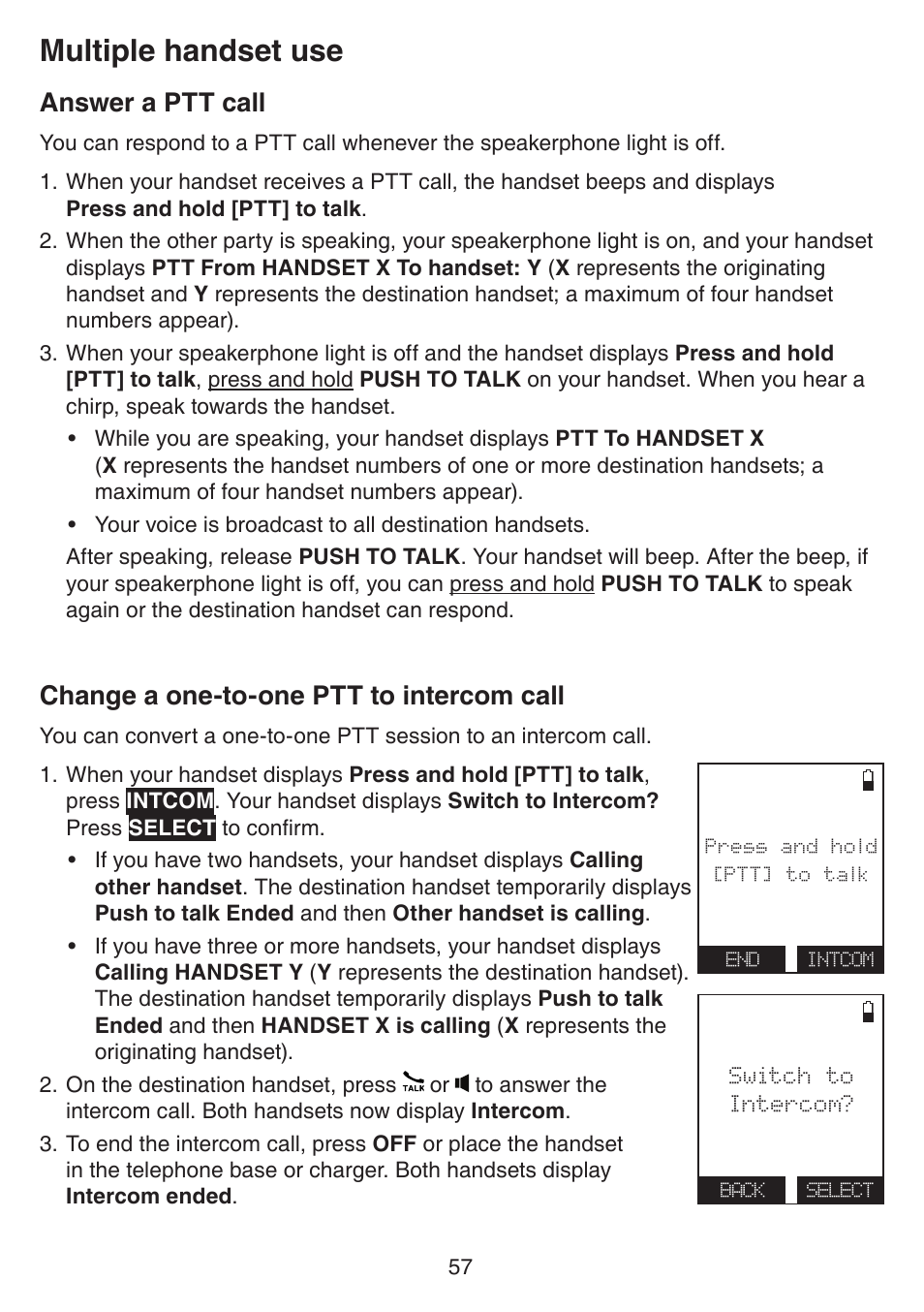 Answer a ptt call, Change a one-to-one ptt to intercom call, Answer a ptt call change a one-to-one ptt to | Intercom call, Multiple handset use | VTech IS7121_-2-22 Manual User Manual | Page 62 / 118