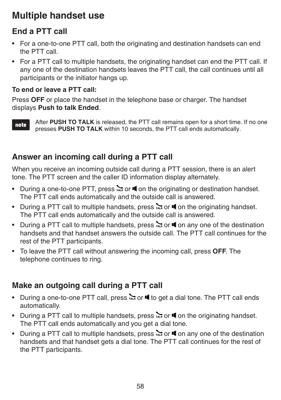 End a ptt call, Answer an incoming call during a ptt call, Make an outgoing call during a ptt call | End a ptt call answer an incoming call during, A ptt call, Make an outgoing call during, Multiple handset use | VTech IS7121_-2-22 Manual User Manual | Page 63 / 118