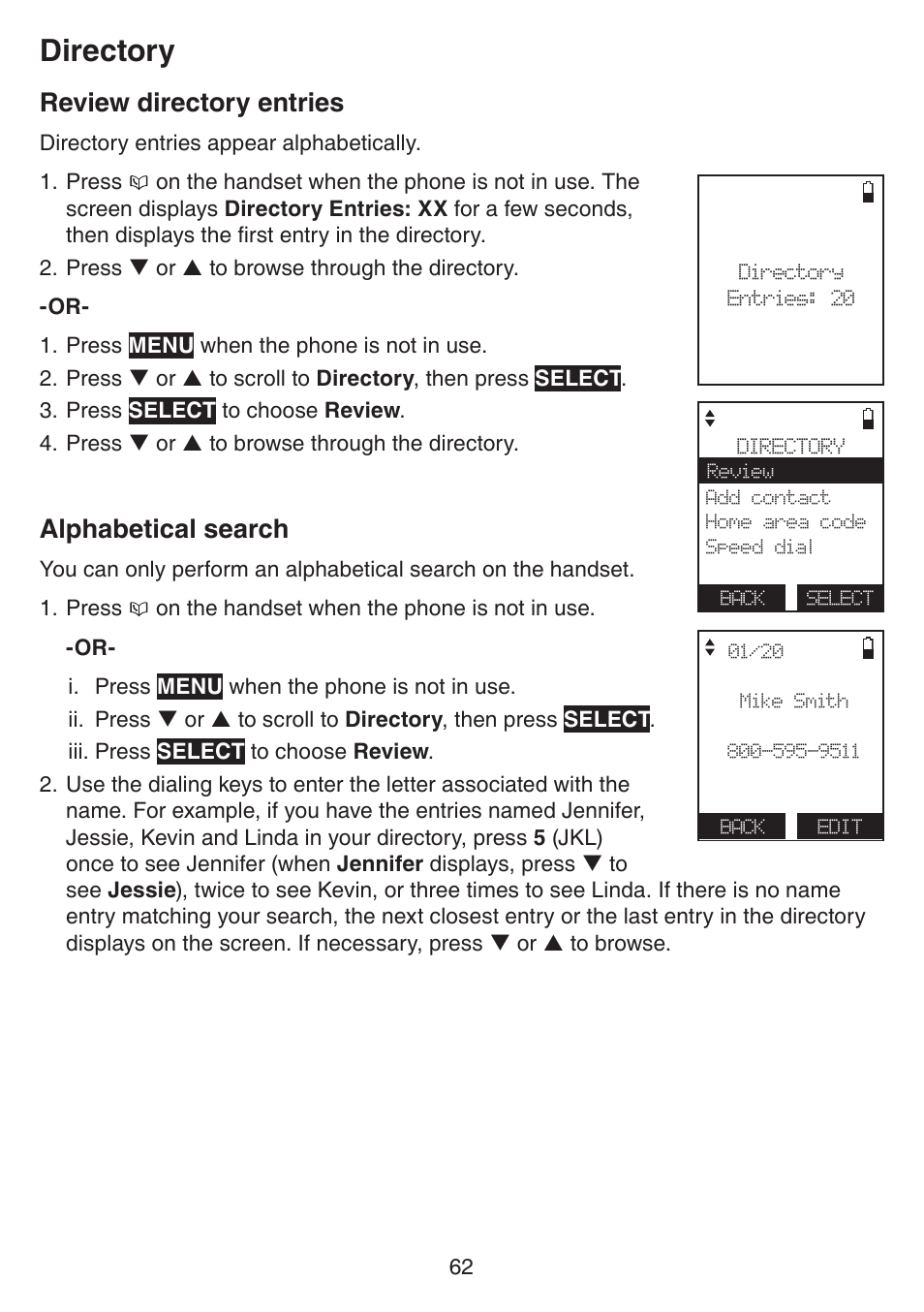 Review directory entries, Alphabetical search, Review directory entries alphabetical search | Directory | VTech IS7121_-2-22 Manual User Manual | Page 67 / 118