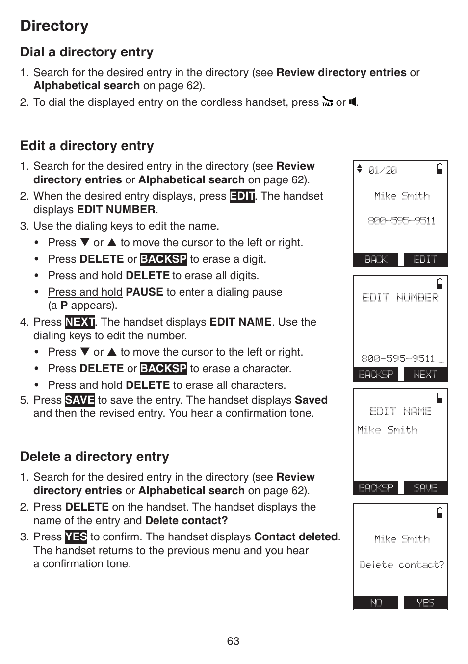 Dial a directory entry, Edit a directory entry, Delete a directory entry | Directory | VTech IS7121_-2-22 Manual User Manual | Page 68 / 118