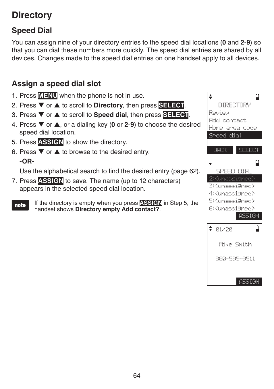 Speed dial, Assign a speed dial slot, Speed dial assign a speed dial slot | Directory | VTech IS7121_-2-22 Manual User Manual | Page 69 / 118