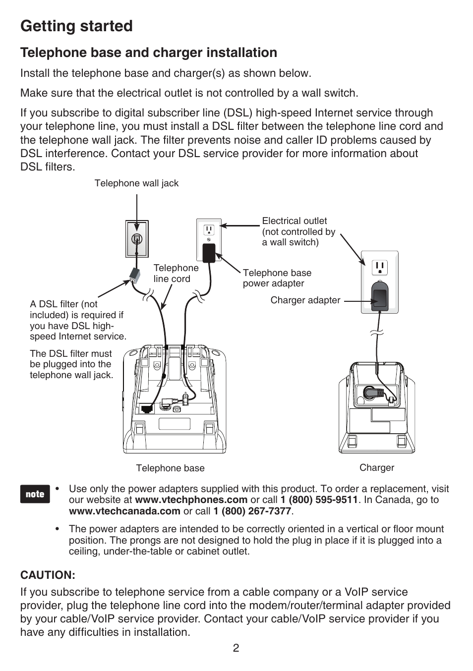 Telephone installation, Telephone base and charger installation, Telephone base and charger | Installation, Getting started | VTech IS7121_-2-22 Manual User Manual | Page 7 / 118