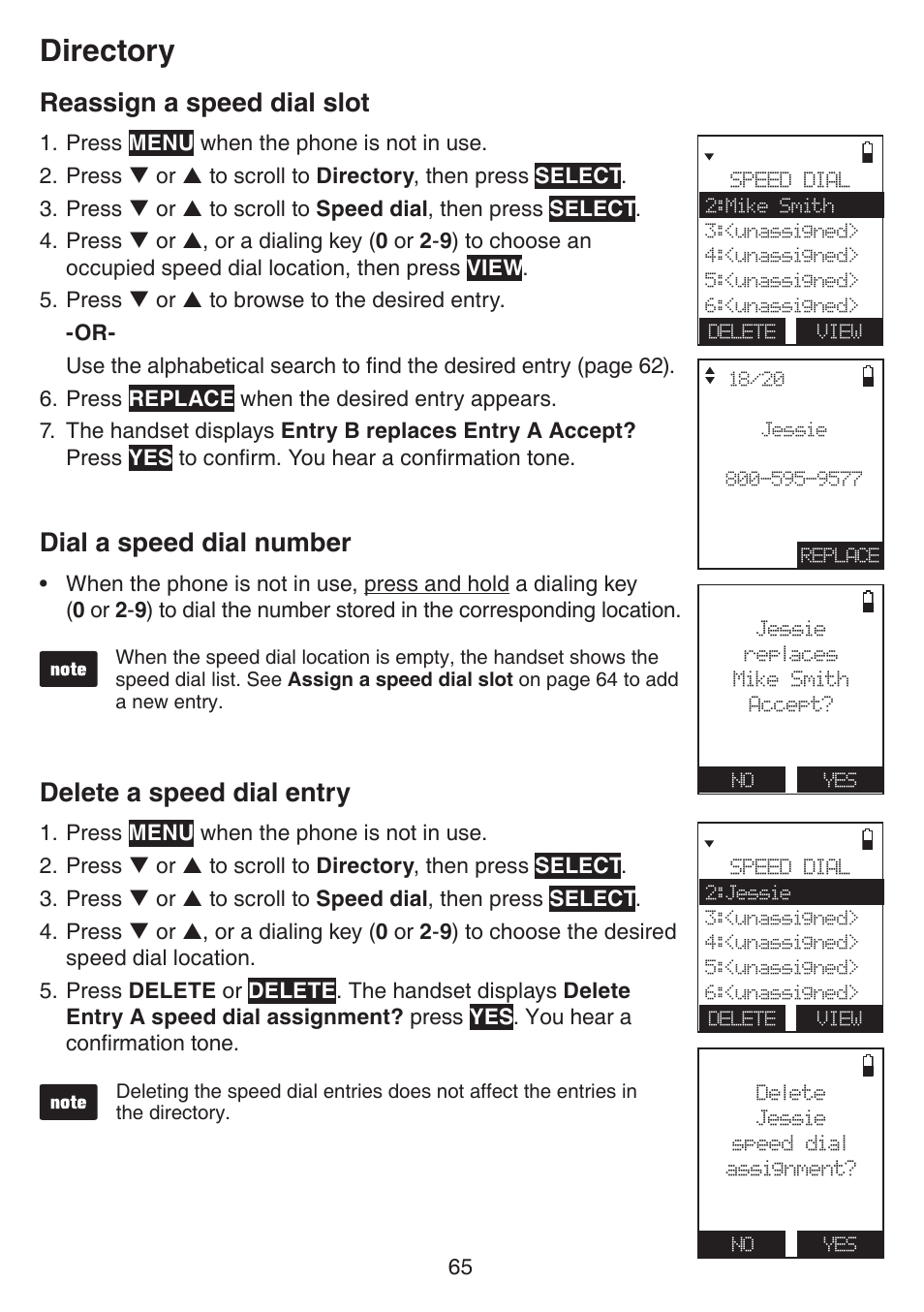 Reassign a speed dial slot, Dial a speed dial number, Delete a speed dial entry | Directory | VTech IS7121_-2-22 Manual User Manual | Page 70 / 118