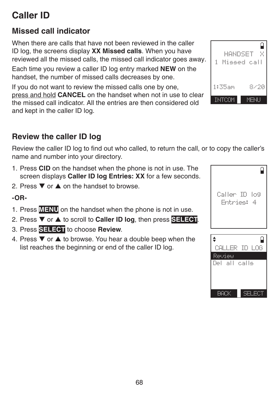 Storing a call history record into directory, Missed call indicator, Review the caller id log | Missed call indicator review the caller id log, Caller id | VTech IS7121_-2-22 Manual User Manual | Page 73 / 118