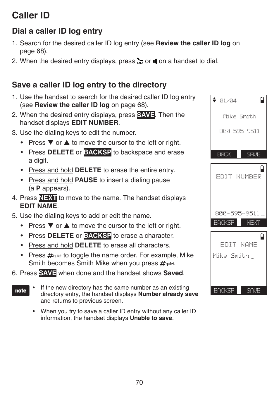 Dial a caller id log entry, Save a caller id log entry to the directory, The directory | Caller id | VTech IS7121_-2-22 Manual User Manual | Page 75 / 118