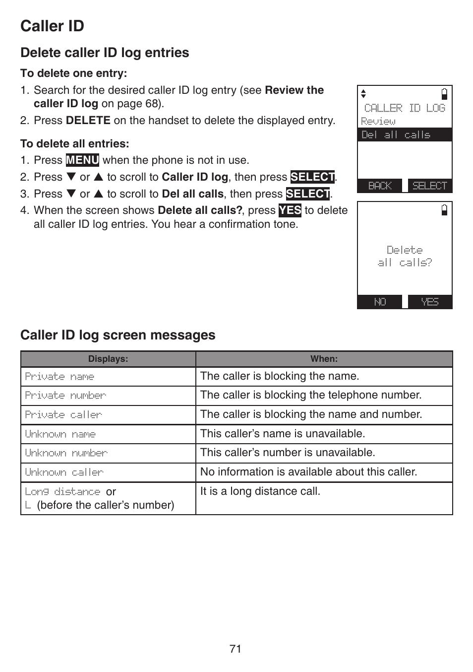 Delete caller id log entries, Caller id log screen messages, Caller id | VTech IS7121_-2-22 Manual User Manual | Page 76 / 118