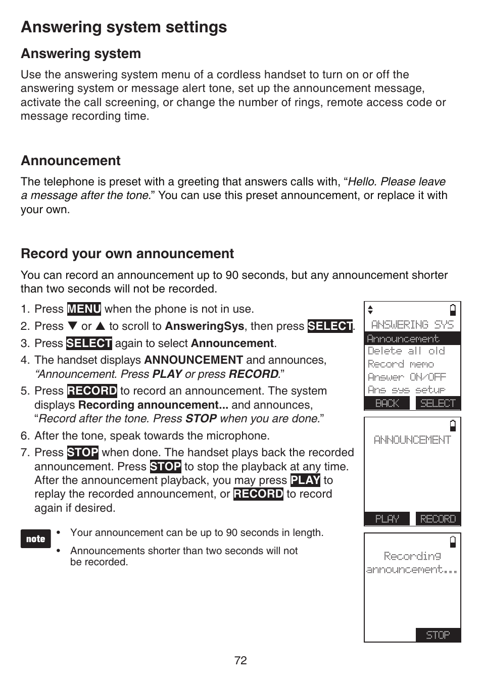 Answering system settings, Answering system, Announcement | Record your own announcement | VTech IS7121_-2-22 Manual User Manual | Page 77 / 118