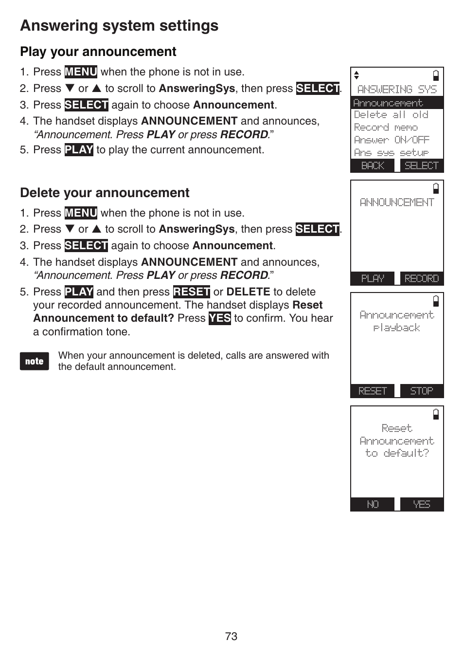 Play your announcement, Delete your announcement, Play your announcement delete your announcement | Answering system settings | VTech IS7121_-2-22 Manual User Manual | Page 78 / 118