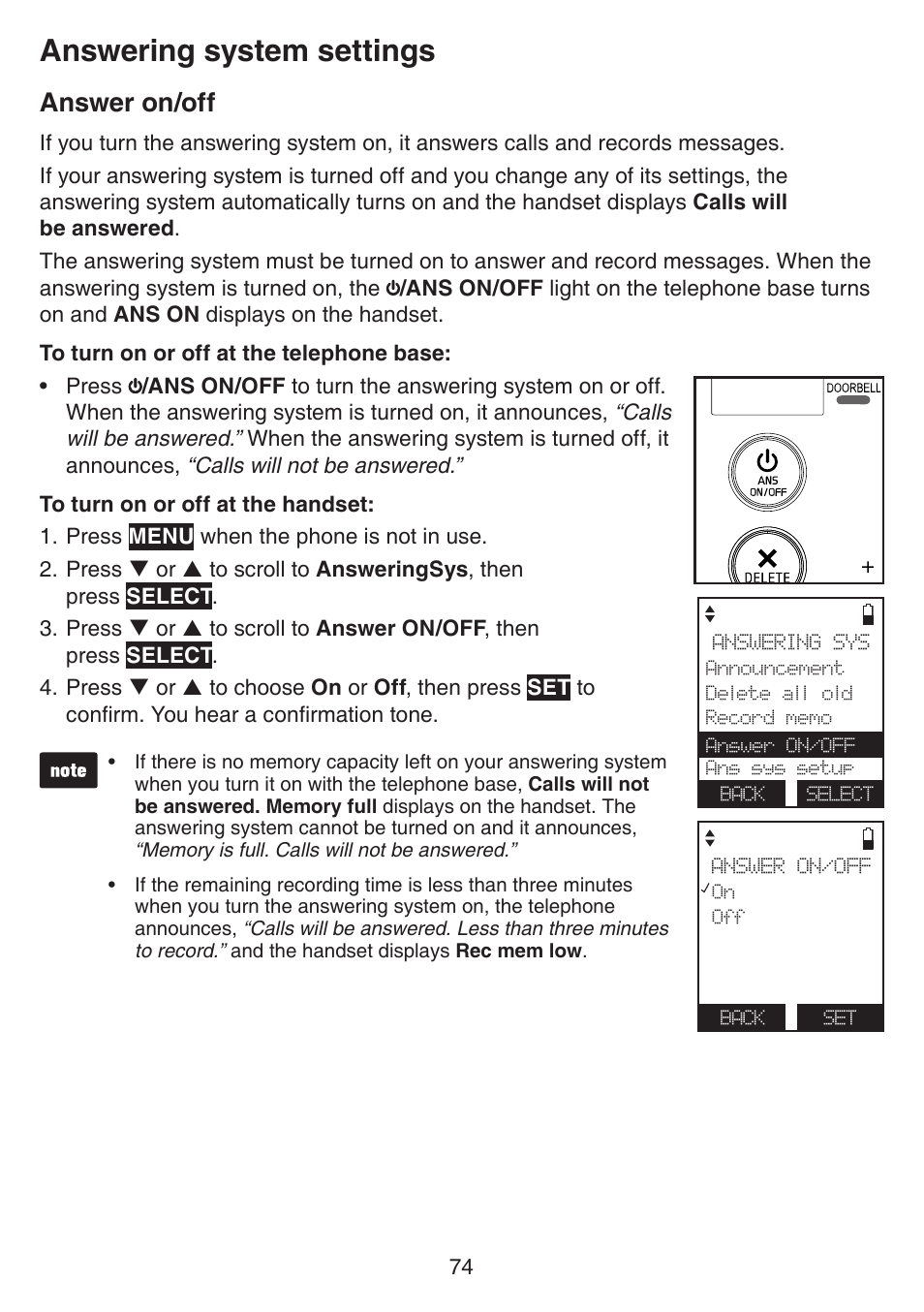 Answer on/off, Answering system settings | VTech IS7121_-2-22 Manual User Manual | Page 79 / 118