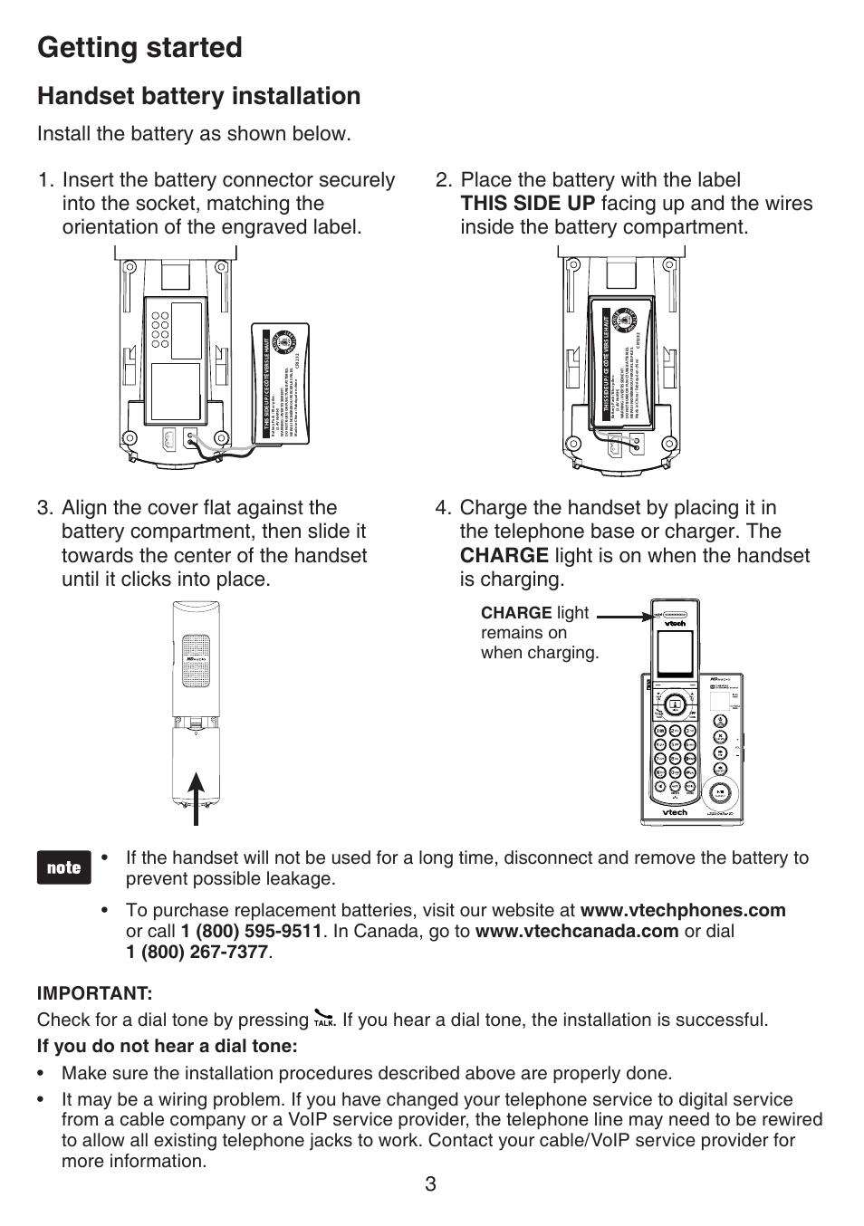 Battery installation, Handset battery installation, Getting started | Install the battery as shown below, Light remains on when charging, Charge | VTech IS7121_-2-22 Manual User Manual | Page 8 / 118