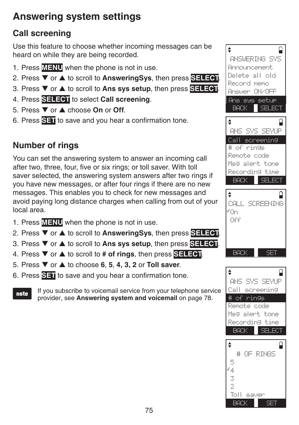 Call screening, Number of rings, Call screening number of rings | Answering system settings | VTech IS7121_-2-22 Manual User Manual | Page 80 / 118