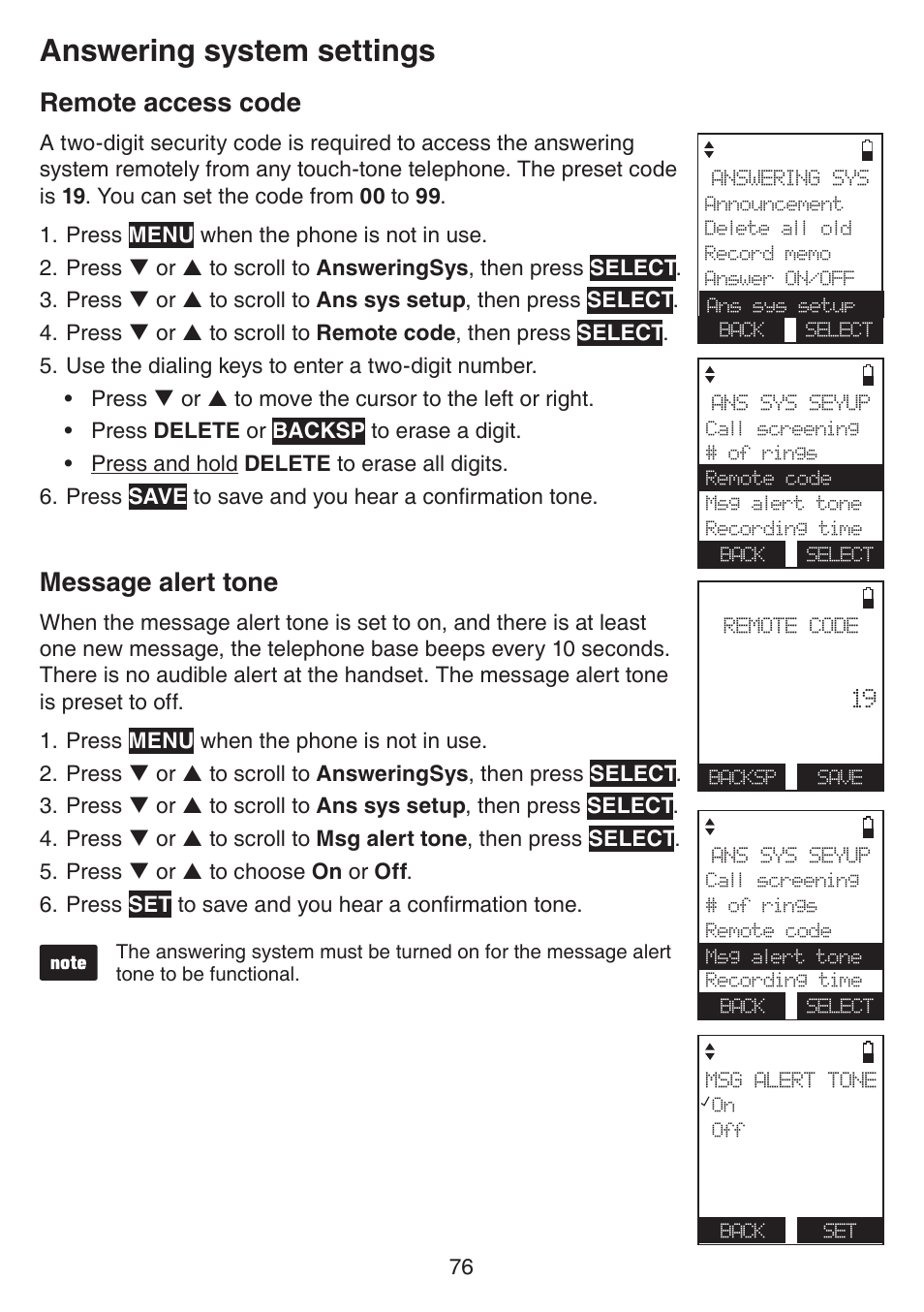 Remote access code, Message alert tone, Remote access code message alert tone | Answering system settings | VTech IS7121_-2-22 Manual User Manual | Page 81 / 118