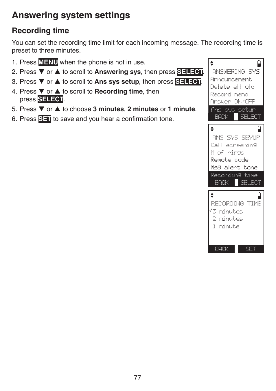 Recording time, Answering system settings | VTech IS7121_-2-22 Manual User Manual | Page 82 / 118