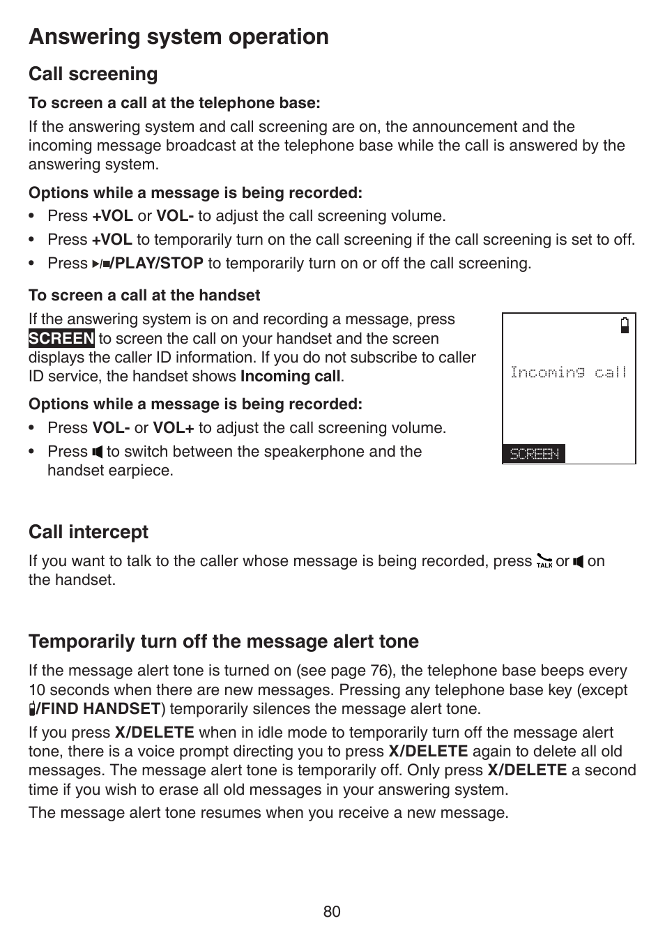 Call screening, Call intercept, Temporarily turn off the message alert tone | Alert tone, Answering system operation | VTech IS7121_-2-22 Manual User Manual | Page 85 / 118