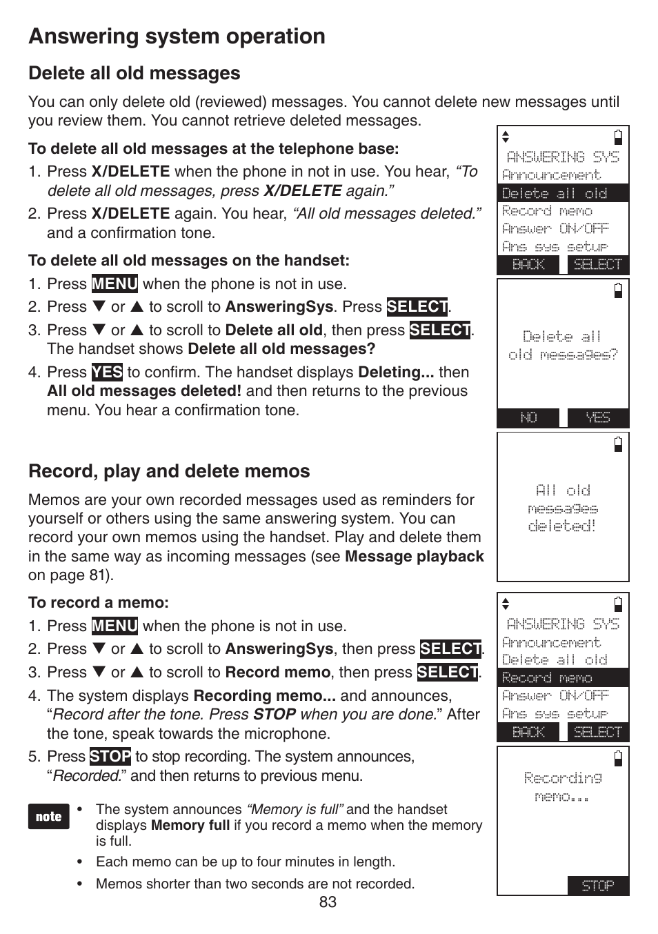 Delete all old messages, Record, play and delete memos, Answering system operation | VTech IS7121_-2-22 Manual User Manual | Page 88 / 118