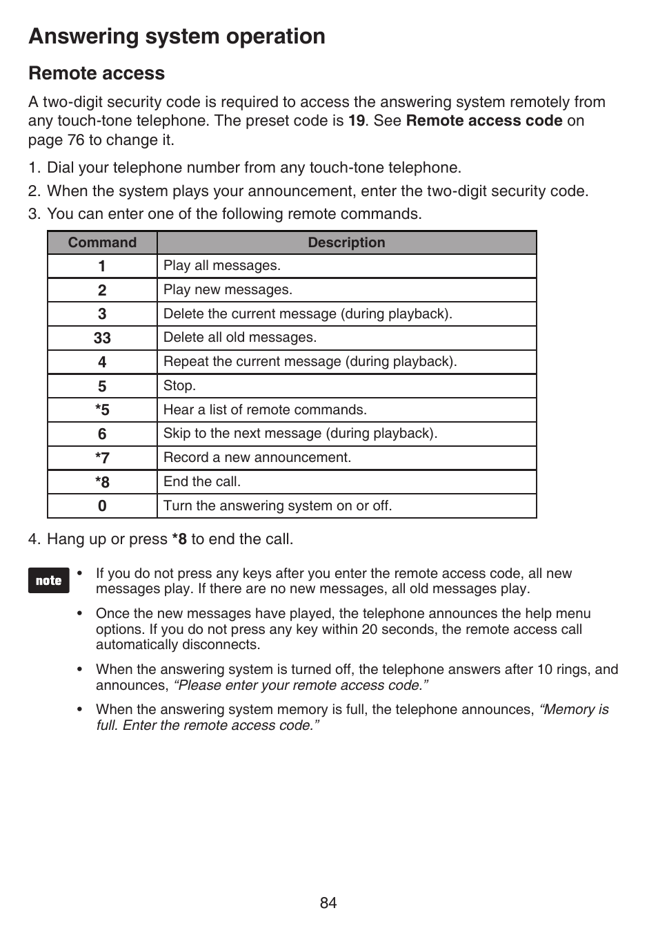 Remote access, Answering system operation | VTech IS7121_-2-22 Manual User Manual | Page 89 / 118