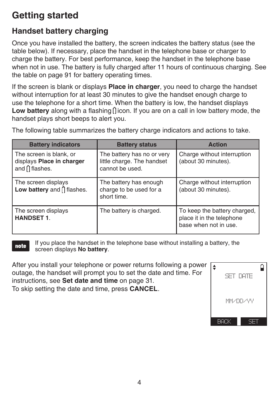 Handset battery charging, Getting started | VTech IS7121_-2-22 Manual User Manual | Page 9 / 118