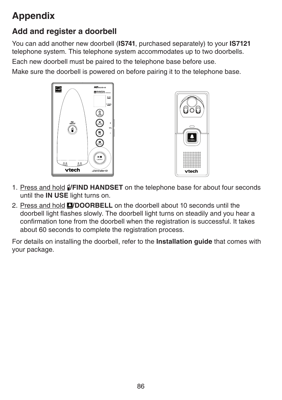 Add and register a doorbell, Appendix | VTech IS7121_-2-22 Manual User Manual | Page 91 / 118