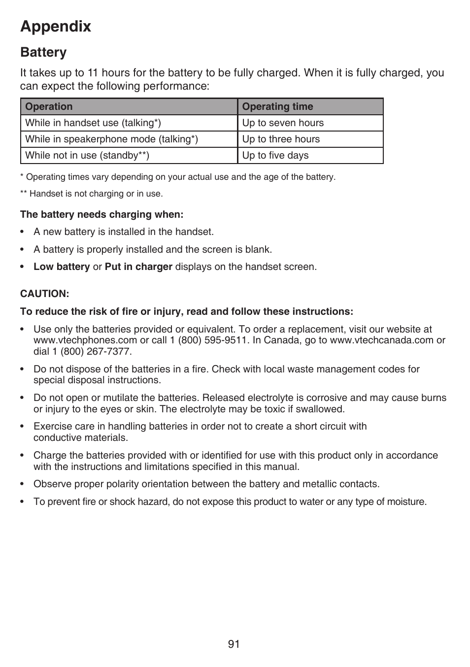 Battery, Appendix | VTech IS7121_-2-22 Manual User Manual | Page 96 / 118