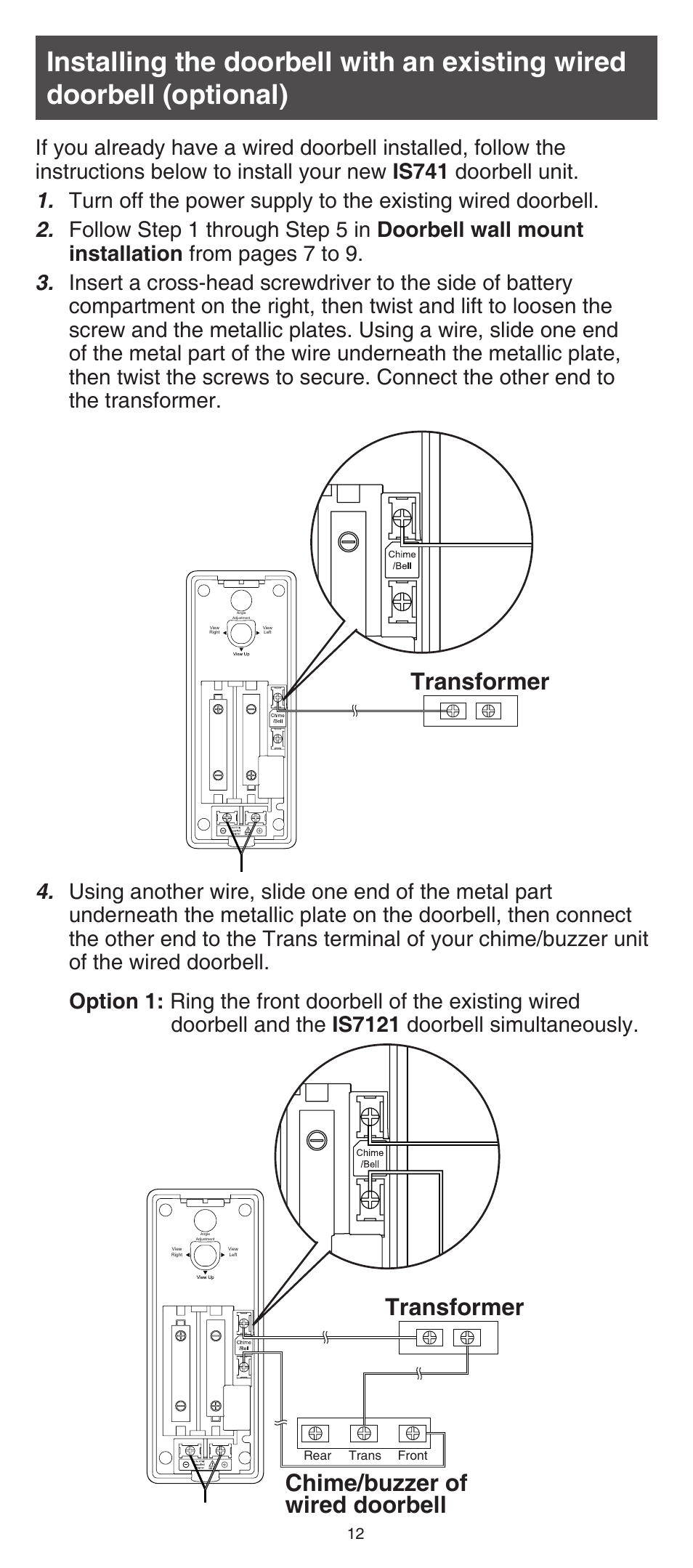 Chime/buzzer of wired doorbell transformer, Transformer | VTech IS741 Manual User Manual | Page 12 / 16