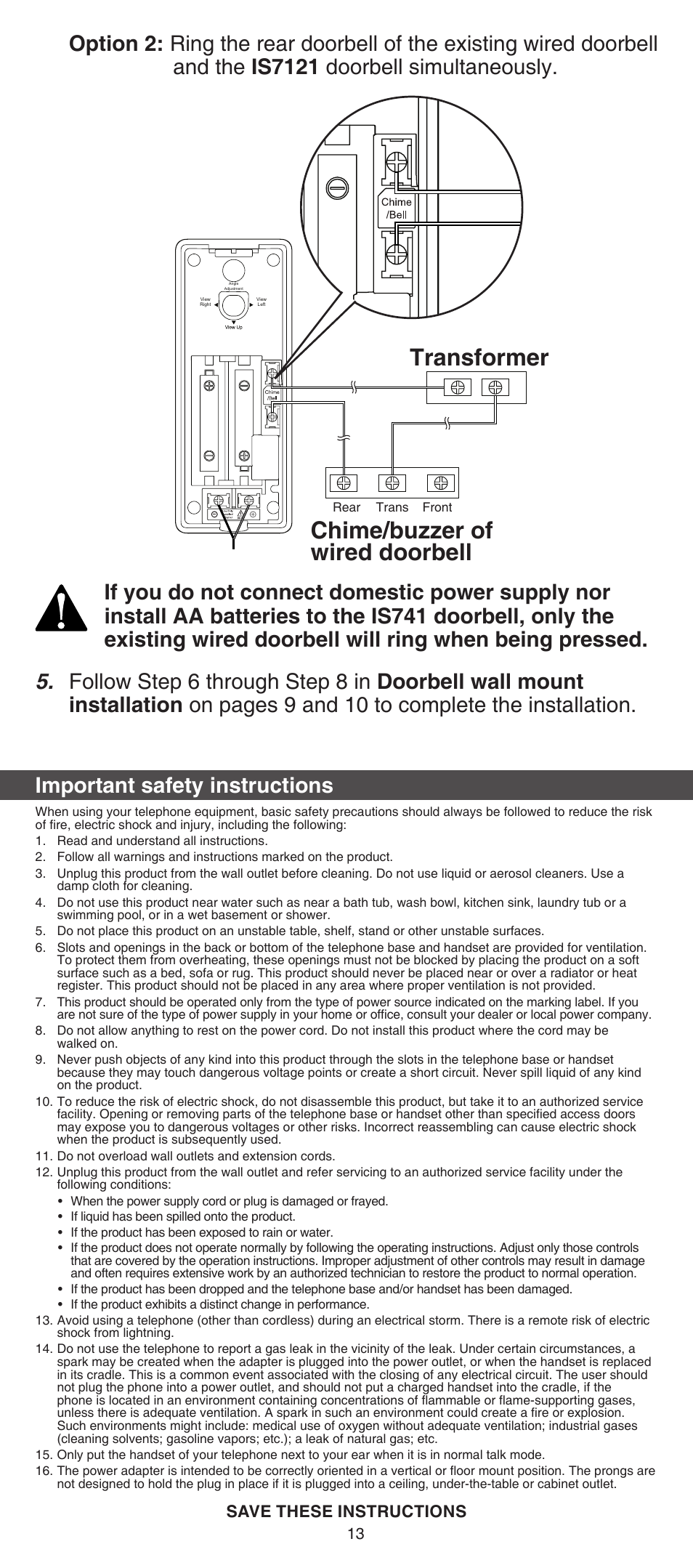 Chime/buzzer of wired doorbell transformer, Important safety instructions, Save these instructions | VTech IS741 Manual User Manual | Page 13 / 16