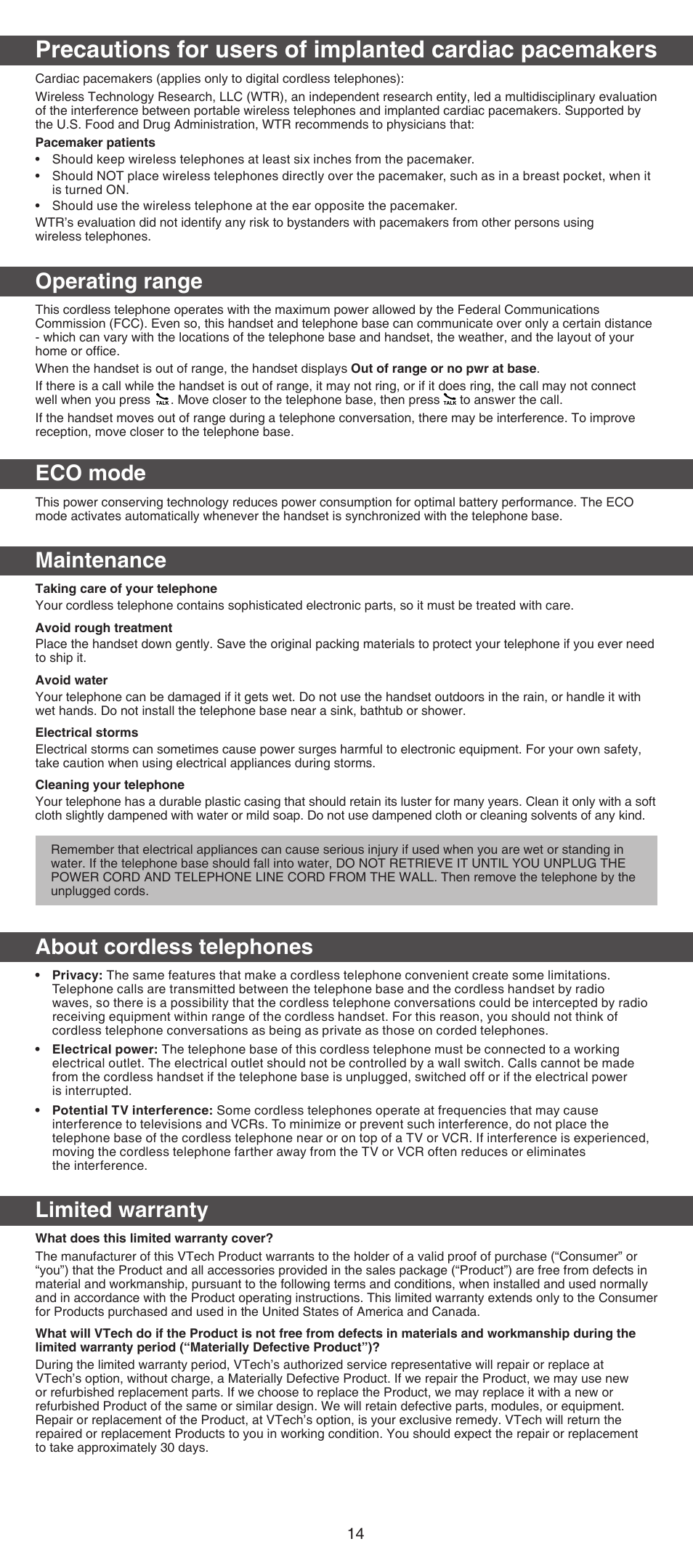 Operating range, Eco mode, Maintenance | About cordless telephones, Limited warranty | VTech IS741 Manual User Manual | Page 14 / 16