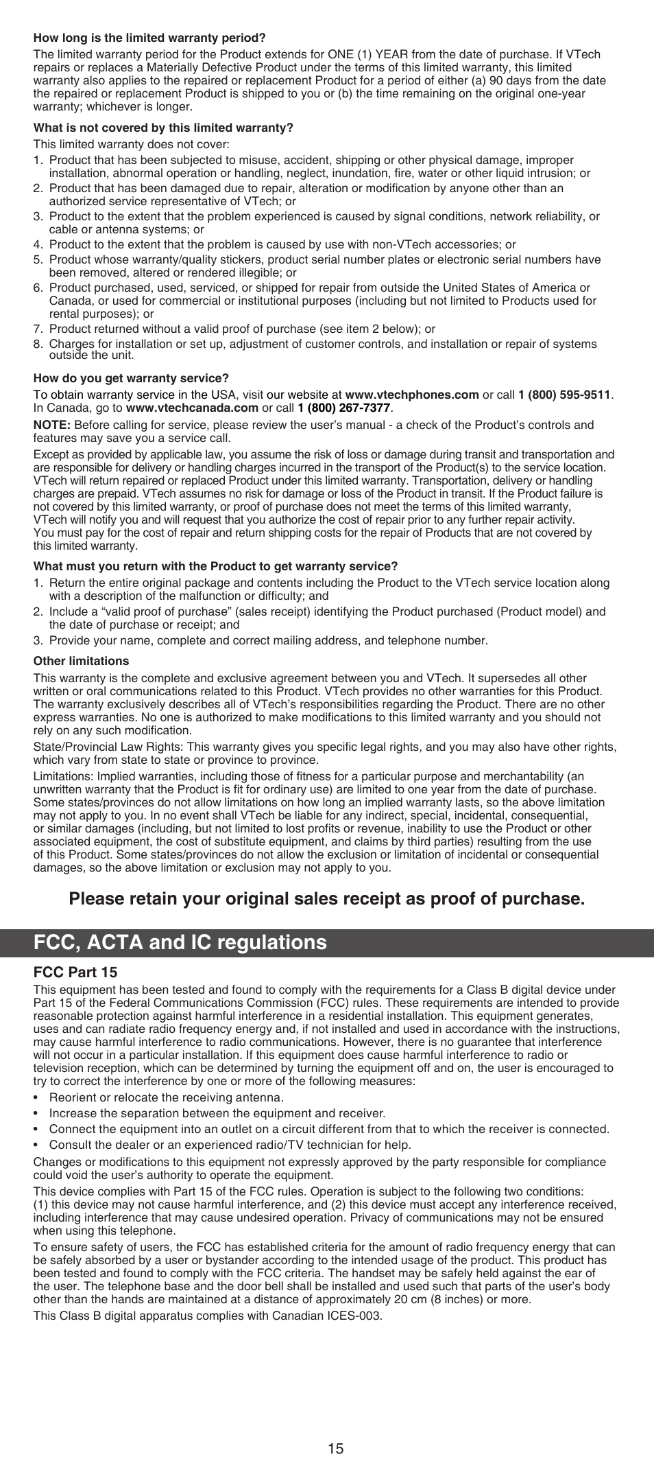 Fcc, acta and ic regulations, Fcc part 15 | VTech IS741 Manual User Manual | Page 15 / 16