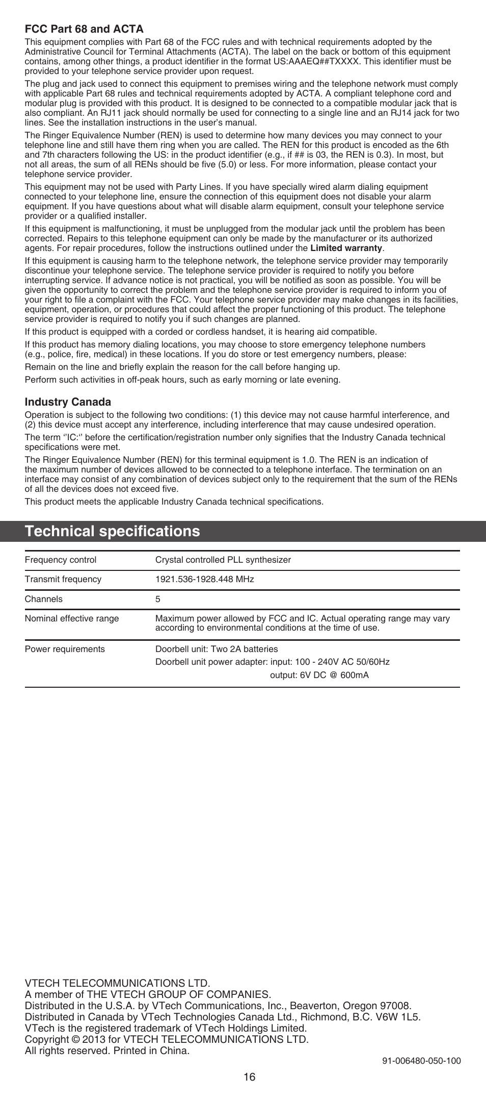 Technical specifications | VTech IS741 Manual User Manual | Page 16 / 16