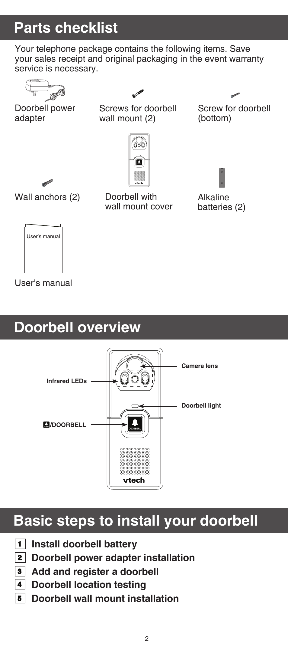 Basic steps to install your doorbell, Parts checklist, Doorbell overview | Install doorbell battery, Doorbell power adapter installation, Add and register a doorbell, Doorbell location testing, Doorbell wall mount installation | VTech IS741 Manual User Manual | Page 2 / 16
