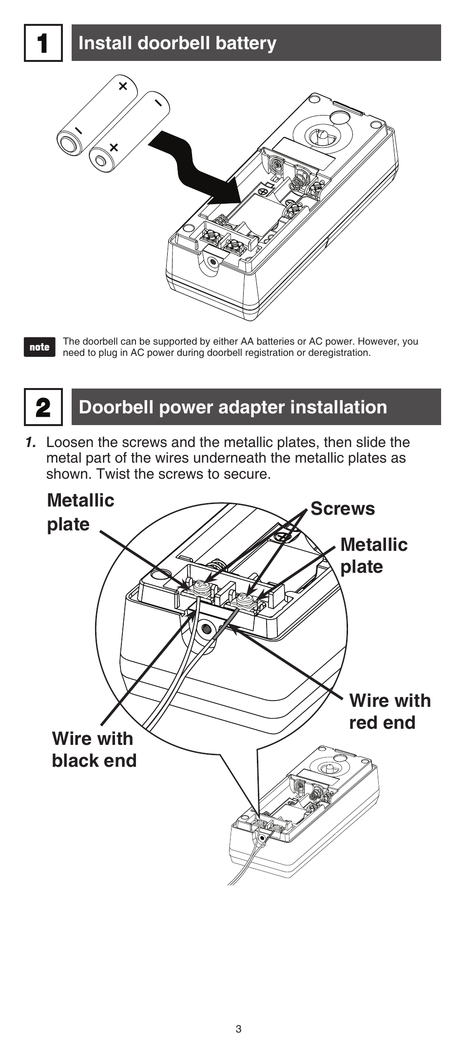 Doorbell power adapter installation, Install doorbell battery | VTech IS741 Manual User Manual | Page 3 / 16