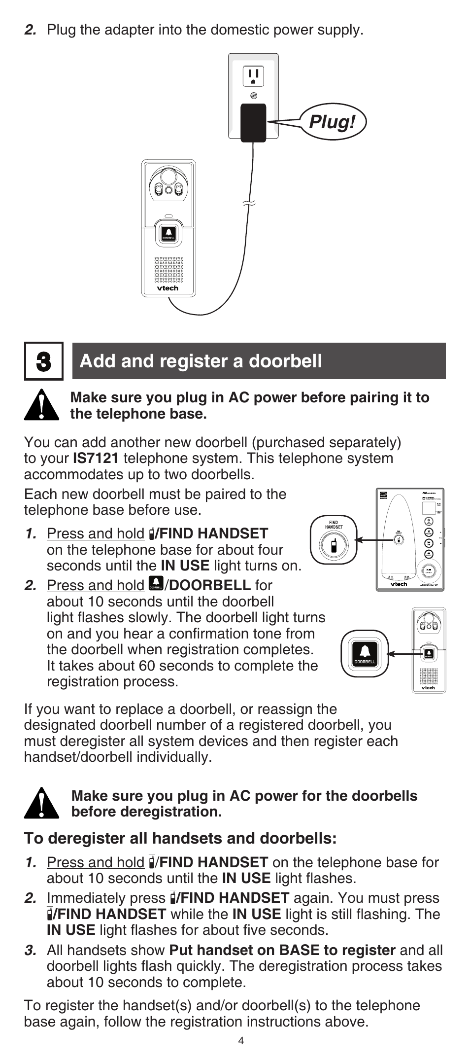 Add and register a doorbell, Plug | VTech IS741 Manual User Manual | Page 4 / 16