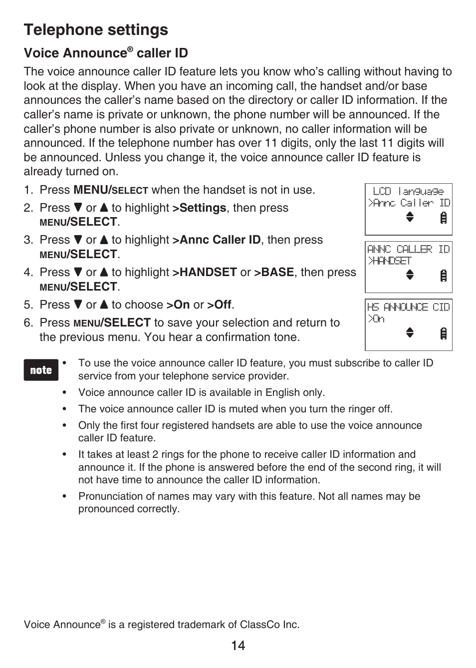 Telephone settings, 14 voice announce, Caller id | VTech LS6426-3-4 Manual User Manual | Page 18 / 83