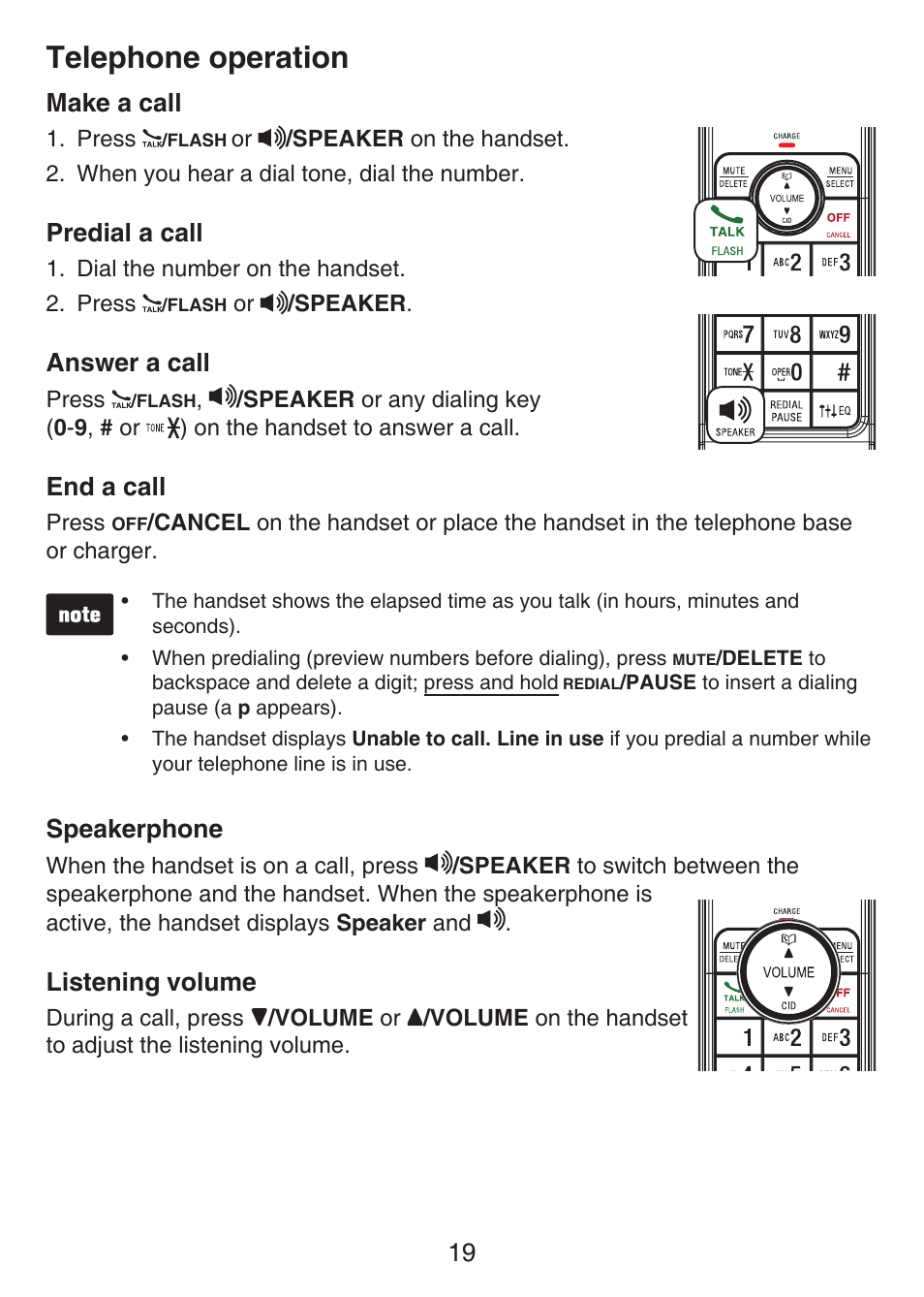 Telephone operation, Make a call, Predial a call | Answer a call, End a call, Speakerphone, Listening, Volume | VTech LS6426-3-4 Manual User Manual | Page 23 / 83